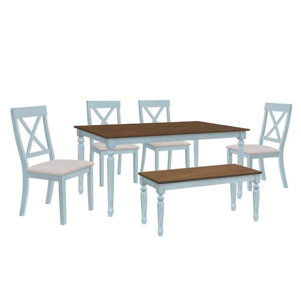 maocao hoom 6 Piece Light Green Dining Table set with Bench with 4 Padded Dining Chairs