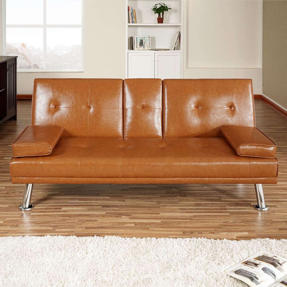 Homestock Caramel Futon Sofa Bed Faux Leather Futon Couch With Armrest 2 Cupholders Sofa Bed