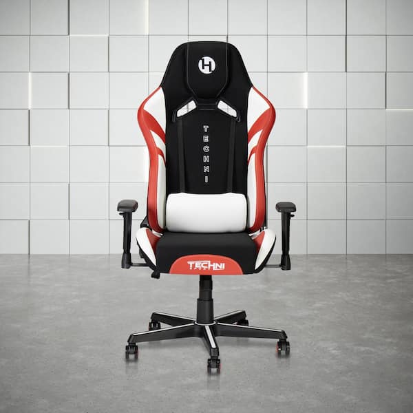 Techni Sport Echo Stain-Resistant Fabric Reclining Ergonomic Gaming Chair in Black with Red and White Accents and Adjustable Arms