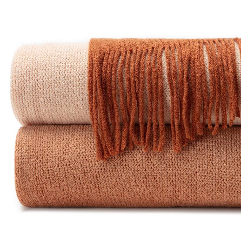 Caramel Gradient Ombre Knitted Faux Fur Throw Blanket with Tassels