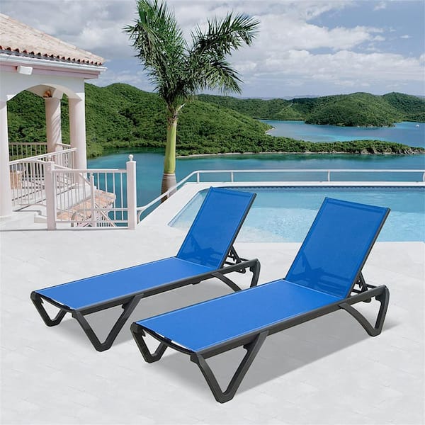 Runesay 2-Piece Blue Aluminum Outdoor Patio Chaise Lounge Polypropylene Poolside Sunbathing Chair with Adjustable Backrest