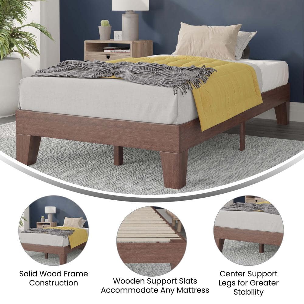Walnut Twin Wood Platform Bed with Headboard and Drawer