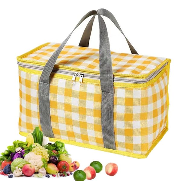 24L Insulated Cooler Bag with Zippered Top, Foldable Reusable Picnic Tote, Yellow