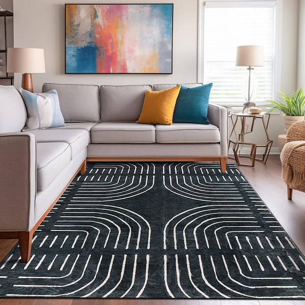 Bohemian Lines Washable Non Slips Black 5 ft. x 7 ft. Area Rug