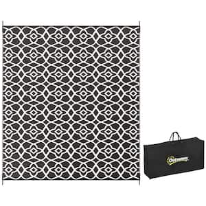Reversible Outdoor Rug, 8 ft. x 10 ft. Plastic Waterproof Floor Mat Camping Carpet with Carry Bag, Black White Clover
