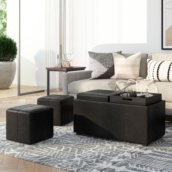 Simpli Home Avalon 35 in. Wide Contemporary Rectangle 5 Pc Storage Ottoman  in Distressed Black Vegan Faux Leather AY-F-15B-DBL - The Home Depot