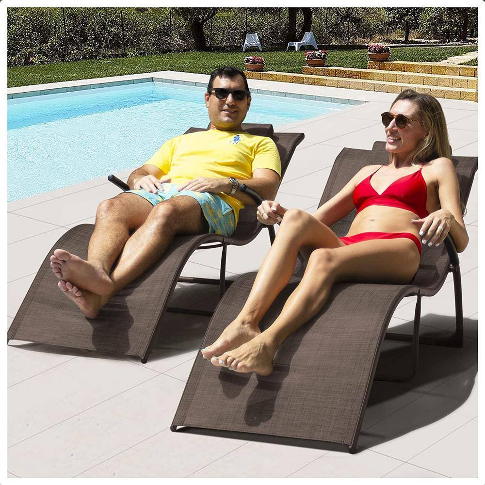 Brown, 2 of Pieces, Sling Fabric Outdoor Chaise Lounge with Detachable Brow