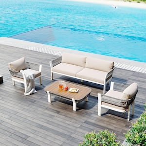 Gray 4-Piece Woven Rope Sling Patio Conversation Set with Coffee Table and Beige Cushions for Poolside, Lawn and Garden