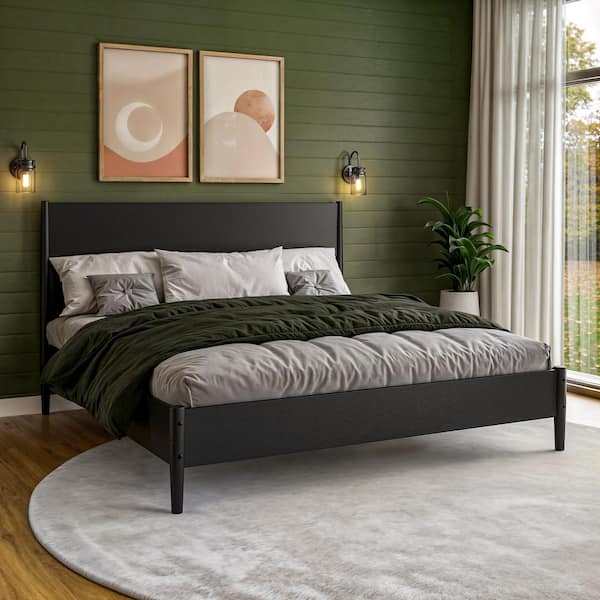 Mid Century Black Wood Frame King Platform Bed
