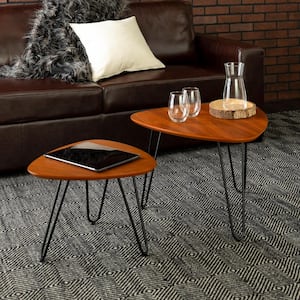 Hairpin 2-Piece 24 in. Walnut Medium Triangle Composite Coffee Table Set with Nesting Tables