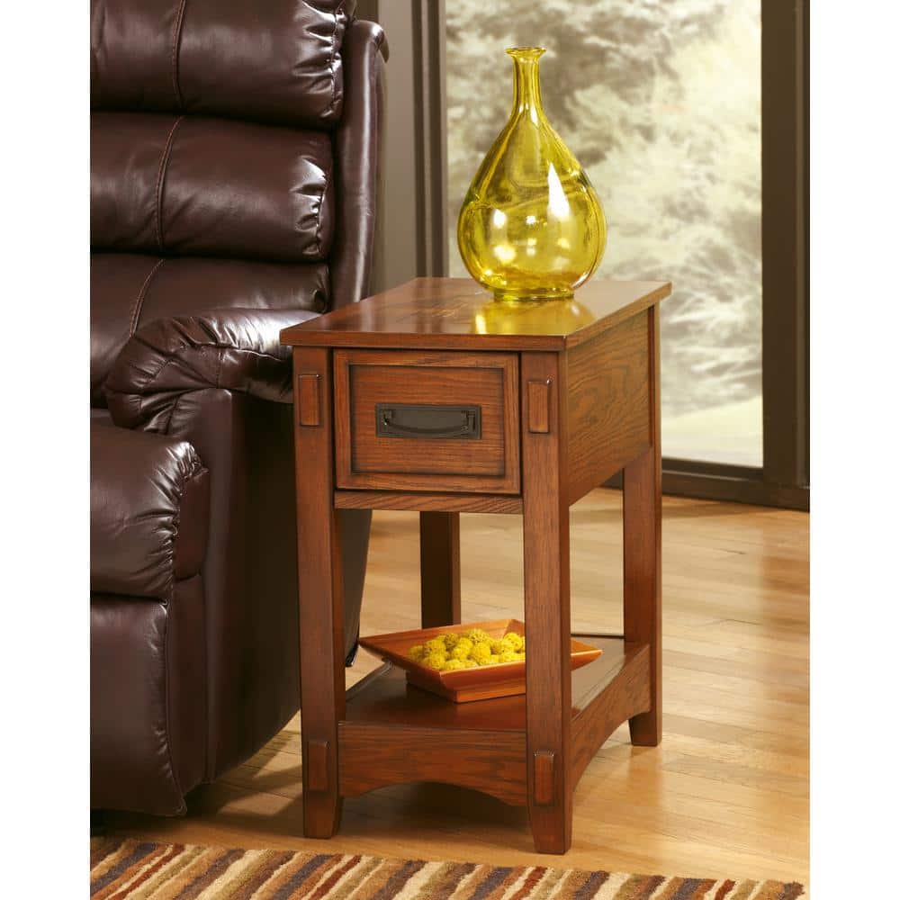 Contemporary Brown Wood End Table with Drawer and Shelf