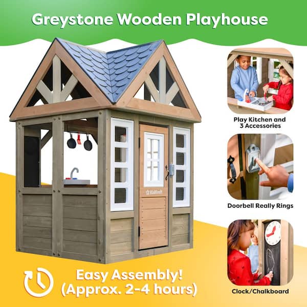 DIY Greystone Outdoor Wooden Playhouse with Play Kitchen, Front Door with Working Doorbell, and Clock/Chalkboard Combo