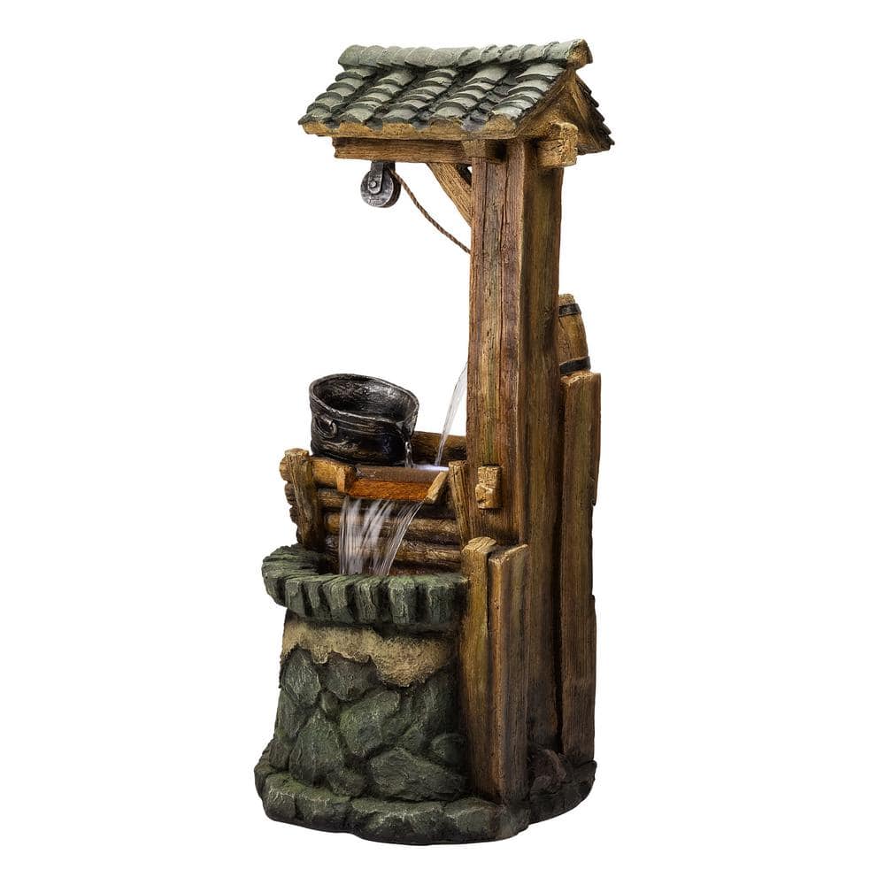 Rustic Polyresin Outdoor Water Well Fountain with LED Lights