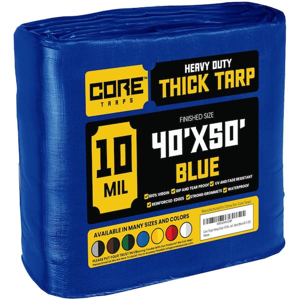 CORE TARPS 40 ft. x 50 ft. Blue 10 Mil Heavy Duty Polyethylene Tarp, Waterproof, UV Resistant, Rip and Tear Proof