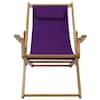 Front view of a purple canvas sling chair with a natural wood frame.