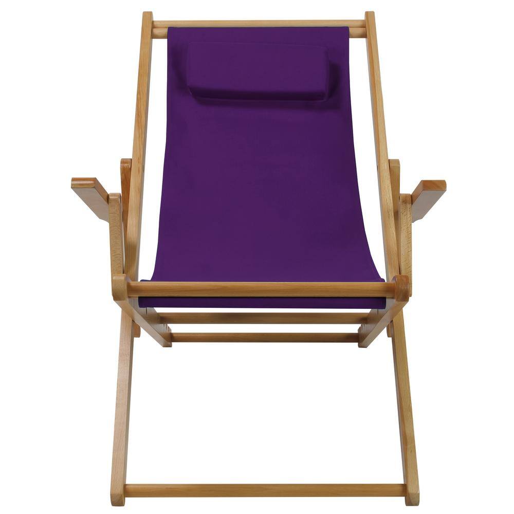 Front view of a purple canvas sling chair with a natural wood frame.