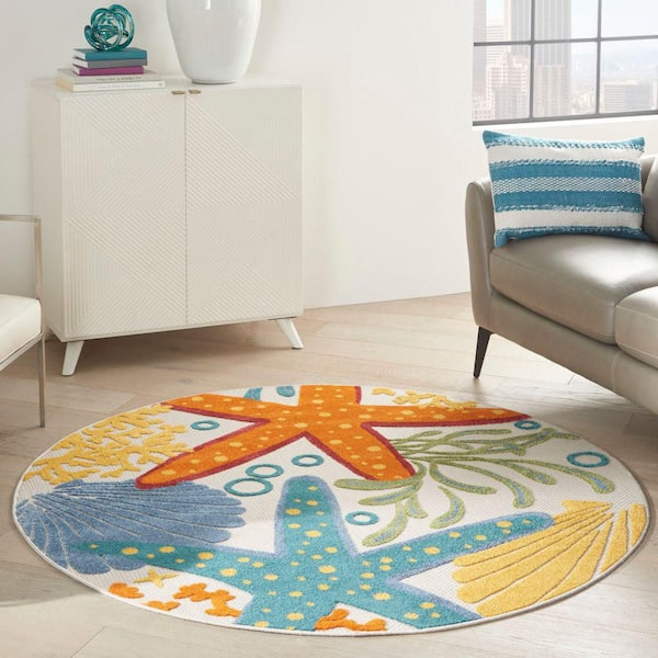Aloha Multicolor 5 ft. x 5 ft. Round Nautical Contemporary Indoor/Outdoor Patio Area Rug