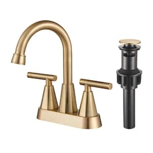 Rotatable 4 in. Centerset Double Handle Bathroom Faucet with Drain Kit Included in Gold