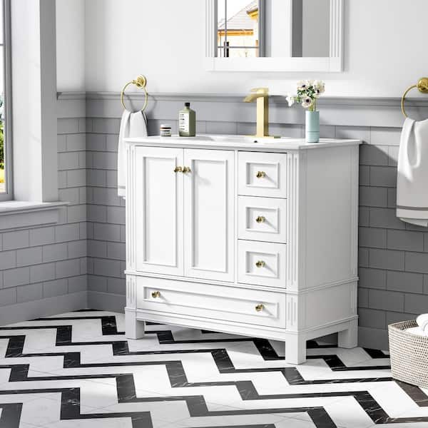 DURA 36 in. White Solid Wood Freestanding Bath Vanity with White Ceramic Top, Soft-Close/Adjustable Leveler, Unassembled