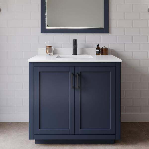 Wyndham Collection Miranda 36 in. W Single Bath Vanity in Dark Blue with Cultured Marble Vanity Top in White with White Basin