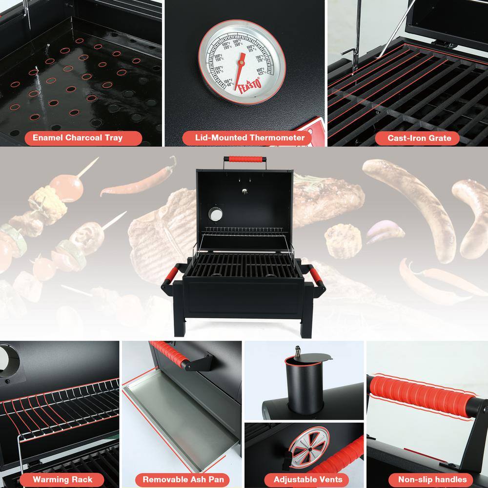 Feasto 26.8'' Black Portable Charcoal Grill with Cast Iron Grate