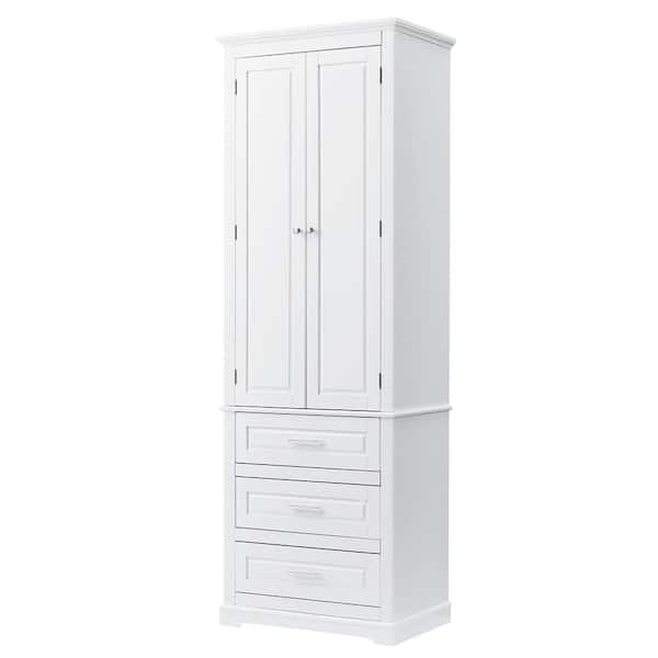 24.00 in. W x 15.70 in. D x 70.00 in. H White Linen Cabinet Tall Storage Cabinet with 3-Drawers and Two Doors