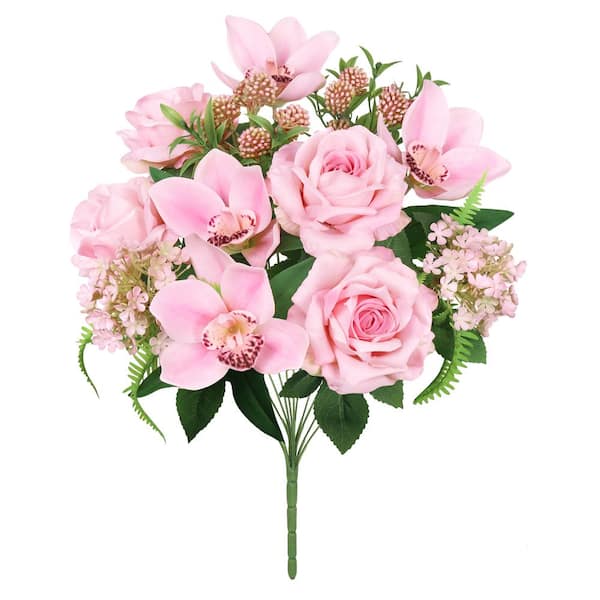 LIVING LUXURY 19 in. Pink Artificial Mixed Rose Cymbidium Orchid Snowball Flower Stem Bush Bouquet (Set of 2)