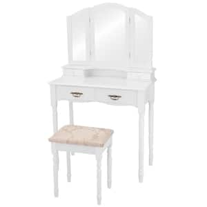 3-Piece White Bedroom Set Tri Folding Mirror Vanity Makeup Table Stool Set Home Furni with (4-Drawers)