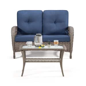 2-Piece Brown Wicker Patio Conversation Set with Blue Cushions and 1 Coffee Table