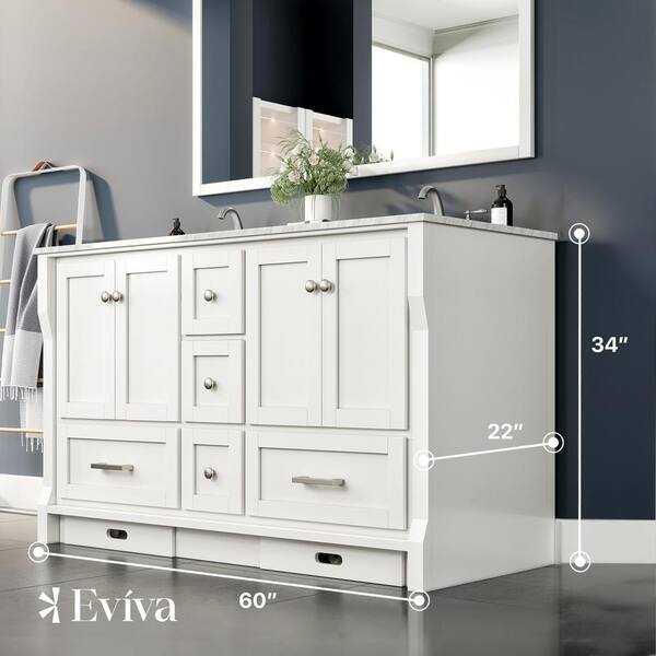 Booster 60 in. W x 22 in. D x 34 in. H Double Bath Vanity in White with White Carrara Marble Top with White Sinks