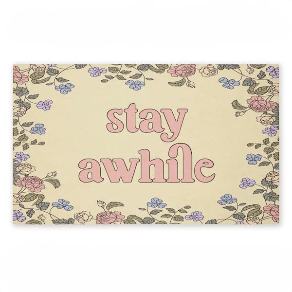 Stay Awhile with Floral Border Beige 18 in. x 30 in. Polyester Non-Slip Outdoor Door Mat