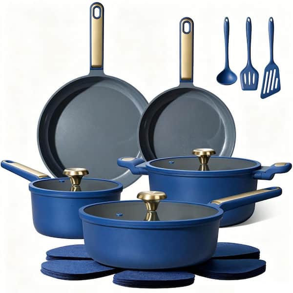 16-Piece Aluminum Cookware Set with Lids, Pots and Pan Set, Non Stick, Non Toxic, PFAS and PTFE Free, Dishwasher, Blue