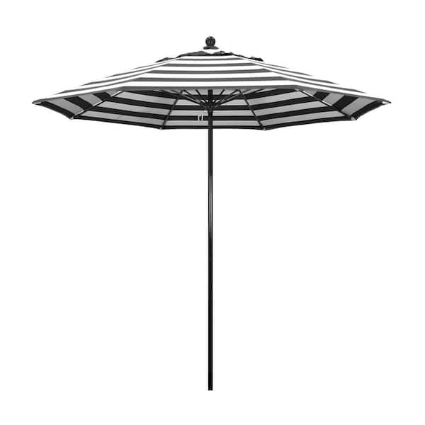 California Umbrella 9 ft. Black Fiberglass Commercial Market Patio Umbrella with Fiberglass Ribs and Push Lift in Cabana Classic Sunbrella