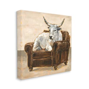 "White Bull Resting in Brown Chair Animal Painting" Ethan Harper Unframed Animal Canvas Wall Art Print 24 in. x 24 in.