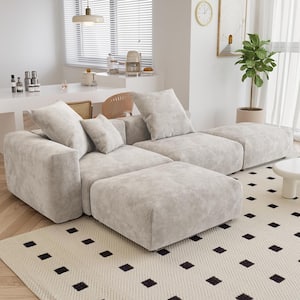 129.92 in. Square Arm 4-piece L Shaped Corduroy Sectional Sofa in. Beige with Ottoman