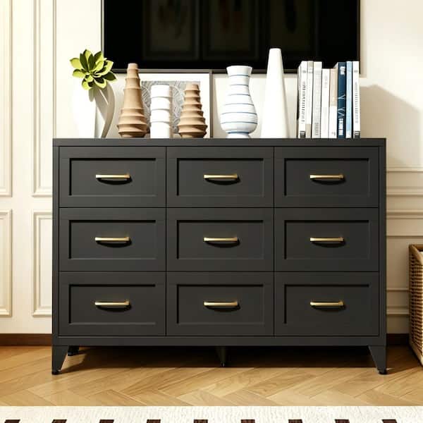 black dresser home depot Noble House Modern Farmhouse 9-Drawer 52 in. Wide with Metal Frame Chest Triangular Mesh:Yes