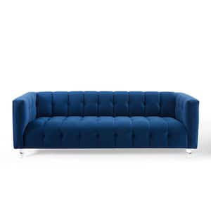 Mesmer 83.8 in. Navy Channel Tufted Velvet 3-Seater Tuxedo Sofa with Square Arms