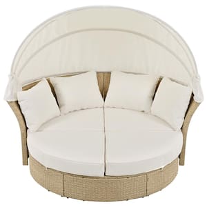 Outdoor Furniture Set Beige of 1-Piece Daybed Wicker Rattan Outdoor Double Day Bed with Cushion and Retractable Canopy