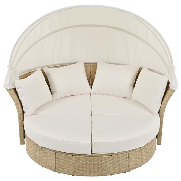 myhomore Outdoor Furniture Set Beige of 1-Piece Daybed Wicker Rattan Outdoor Double Day Bed with Cushion and Retractable Canopy