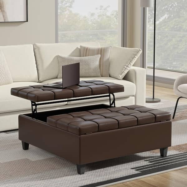 Simpli Home Harrison 40 in. Square Large Coffee Table Storage Ottoman in Chocolate Brown Vegan Faux Leather, Assembled