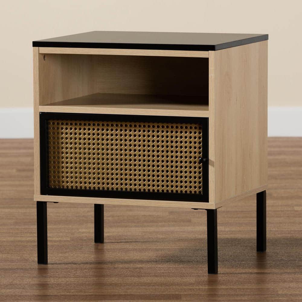 Felton Two-Tone Black Gold Metal and Light Brown Wood End Table with Storage
