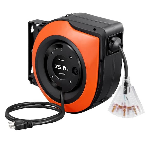 75 ft. 14/3 SJTOW 13 Amp Retractable Extension Cord Reel with Lighted Triple Tap Outlets, Wall/Ceiling Mounted