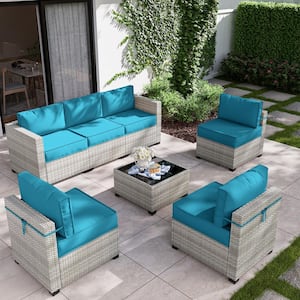 14-Piece Wicker Outdoor Sectional Set with Lake Blue Cushion
