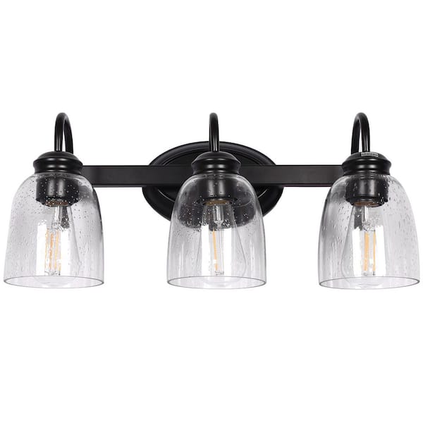 19 in. 3-Light Matte Black Modern Bathroom Vanity Light Mirror Wall Light with Clear Seeded Glass Shade