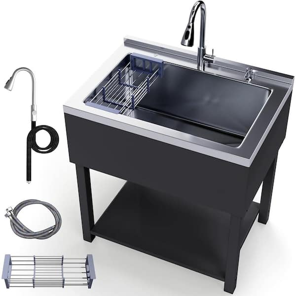 Adrinfly 20 in. D x 36 in. W Freestanding Stainless Steel Utility Sink in Black with Faucet, Cold/Hot Water Hoses and Drain Kit