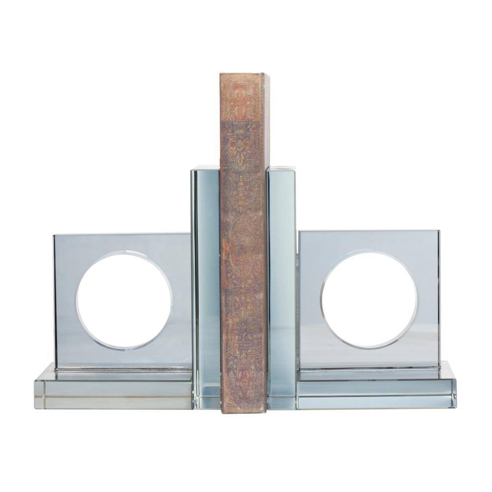 Clear Glass Geometric Non-Skid Bookends with Circle Cut Outs
