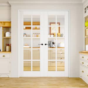 56 in. x 80 in. Universal Handed 10-Lite Clear Glass White Solid Core MDF Prehung French Door with Quick Assemble Jamb