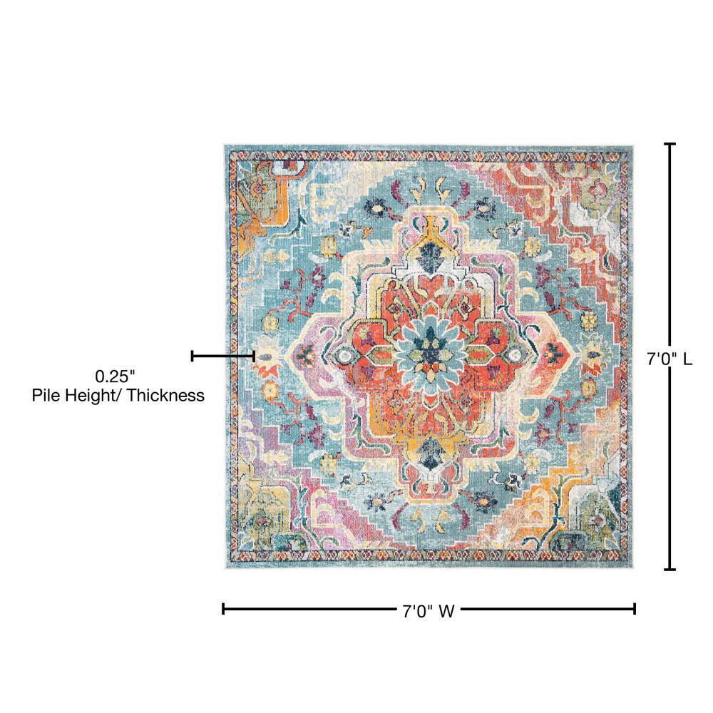 Light Blue Floral Synthetic Square Area Rug