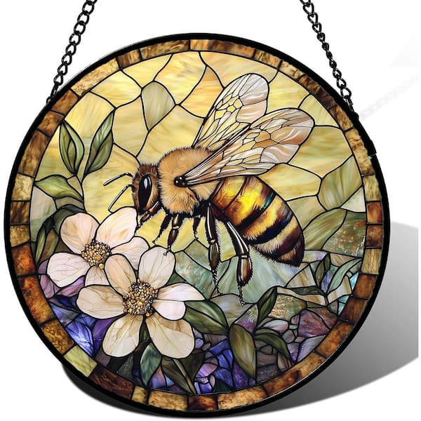 6. 3 x 6.3 in. Stained Glass Window Hanging, Vintage Bee Yellow Flower Sun Catcher for Outdoor/Indoor Decor
