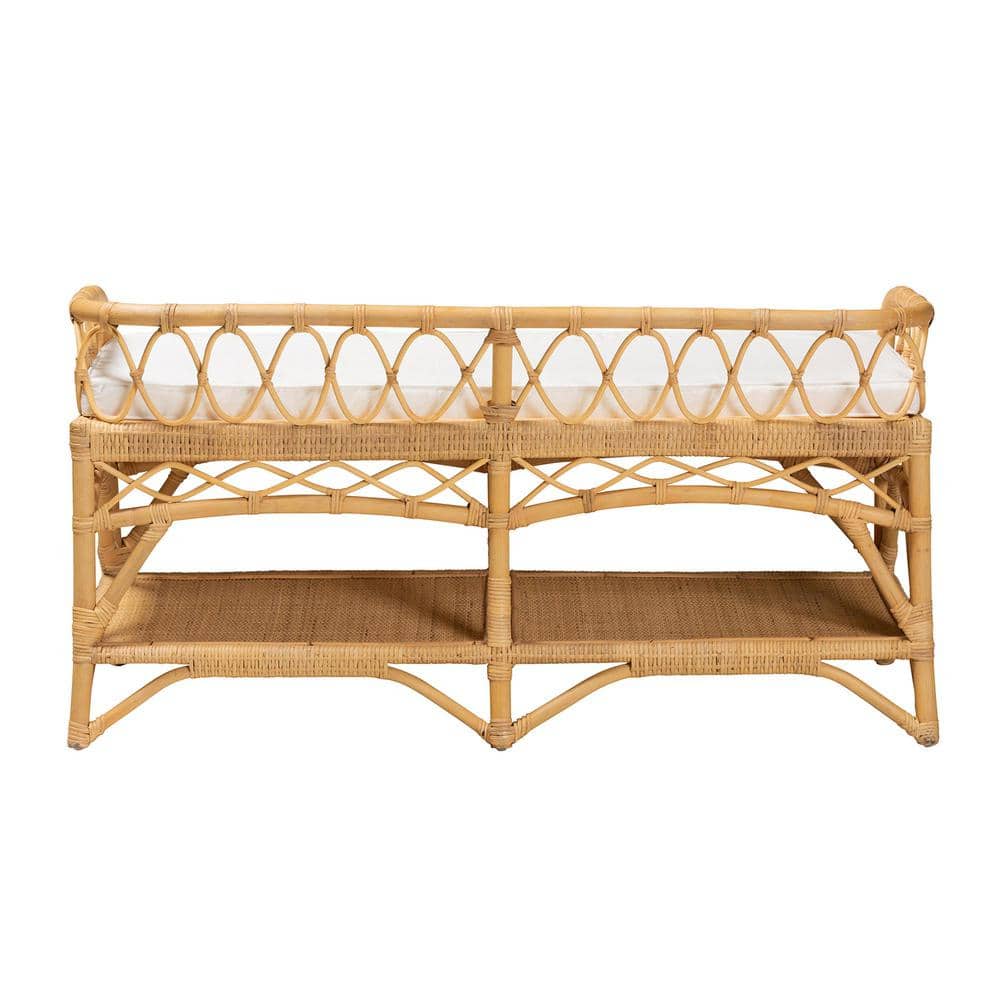 Natural Rattan Bench with Storage and Cushion